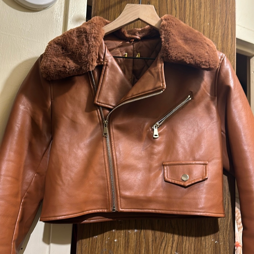 Faux leather cropped moto jacket camel